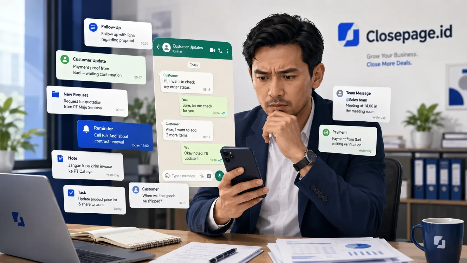 Business owner struggling to track customer updates and tasks across multiple WhatsApp-style chat conversations.