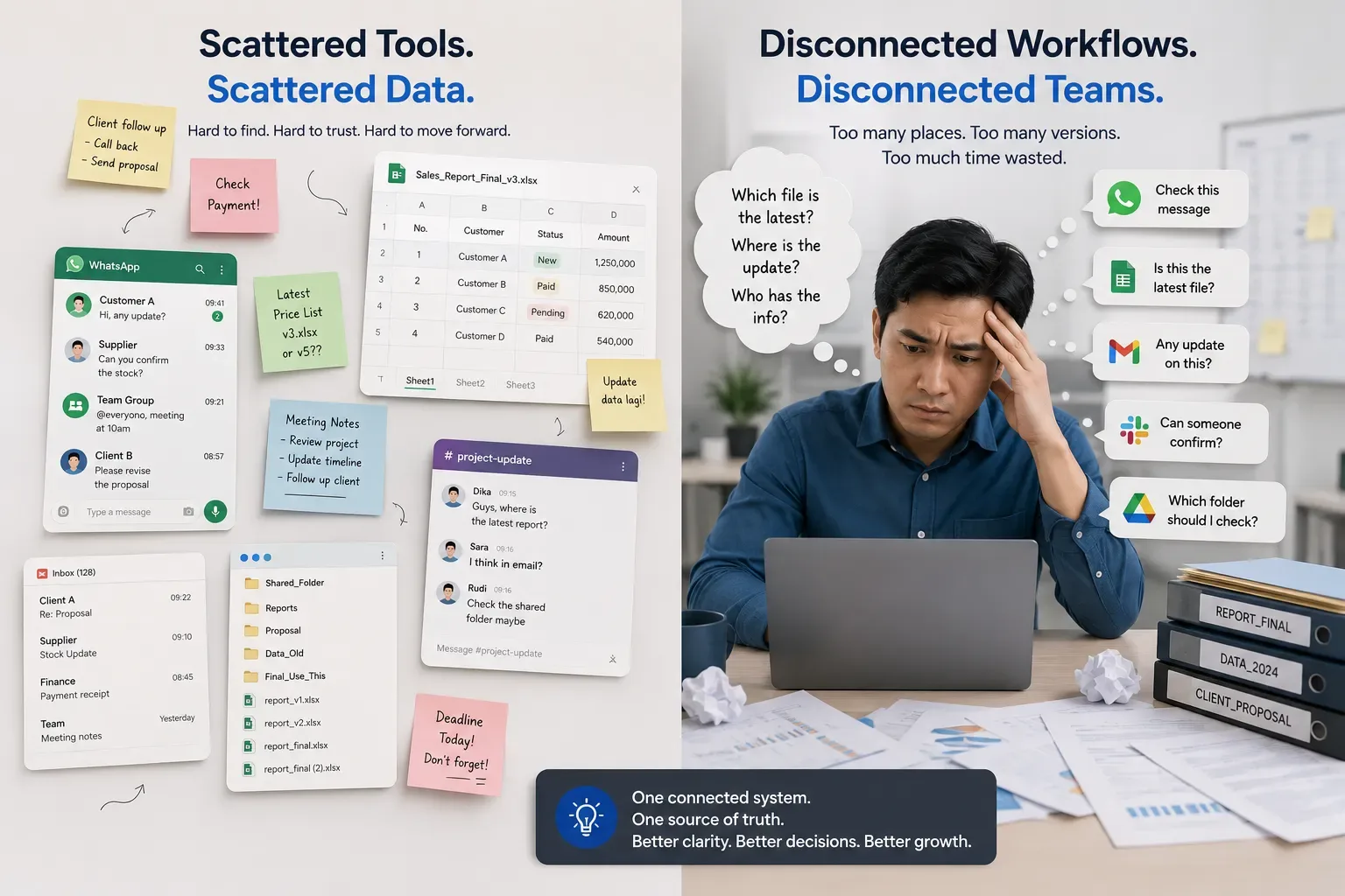 Scattered business data across spreadsheets, notes, chat apps, and disconnected digital tools.