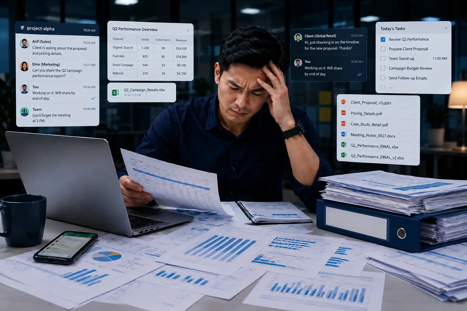 Business owner managing scattered files, messages, spreadsheets, and notes while trying to grow the business.