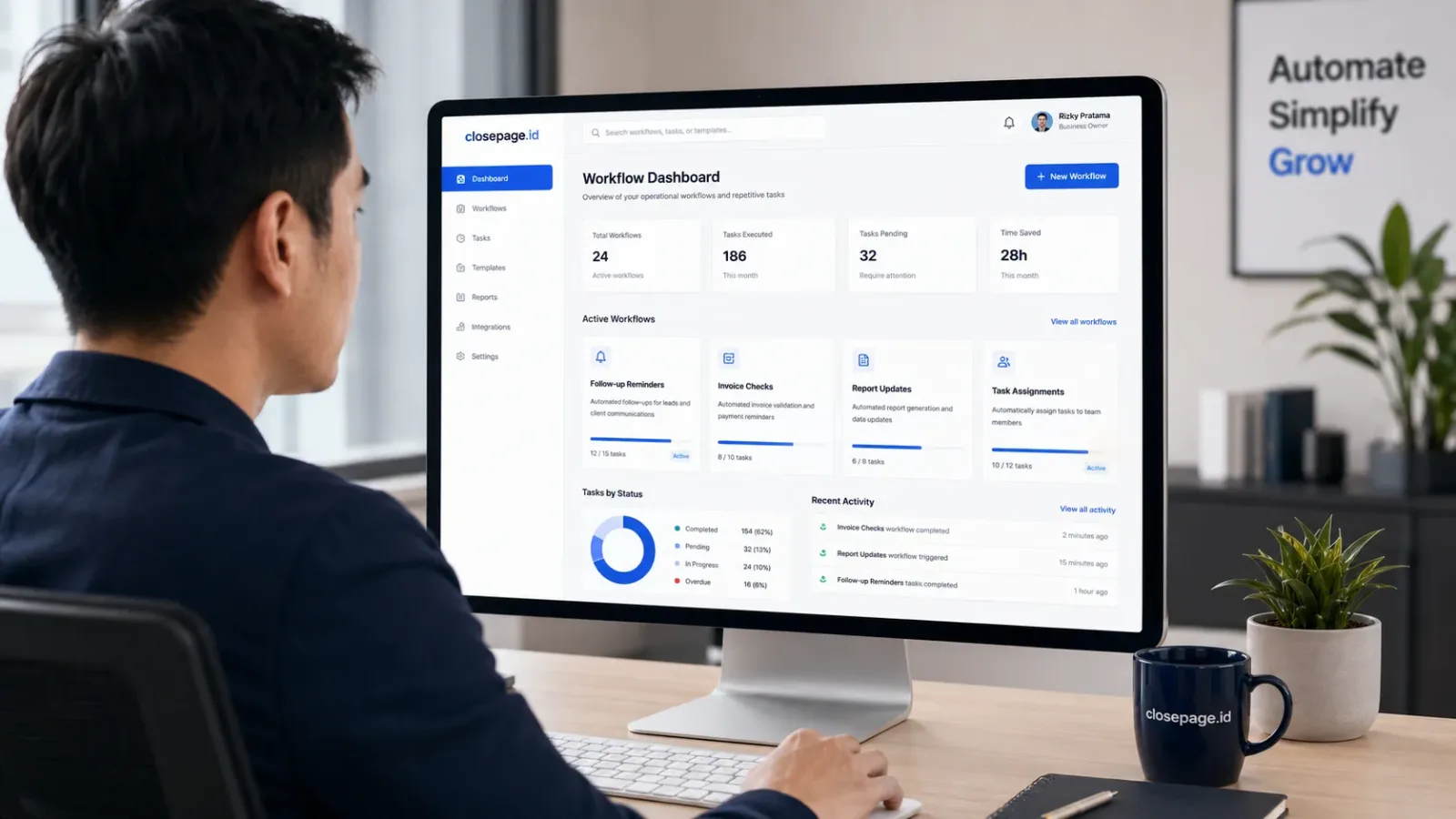 Business owner reviewing repetitive business tasks that can be automated through a workflow dashboard.